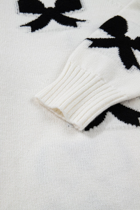 Ribbon Tie Front Bow Jacquard Knit Cardigan